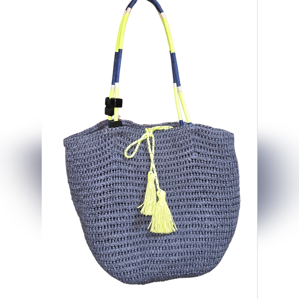 J.Crew navy blue farmers market straw tote neon tassels